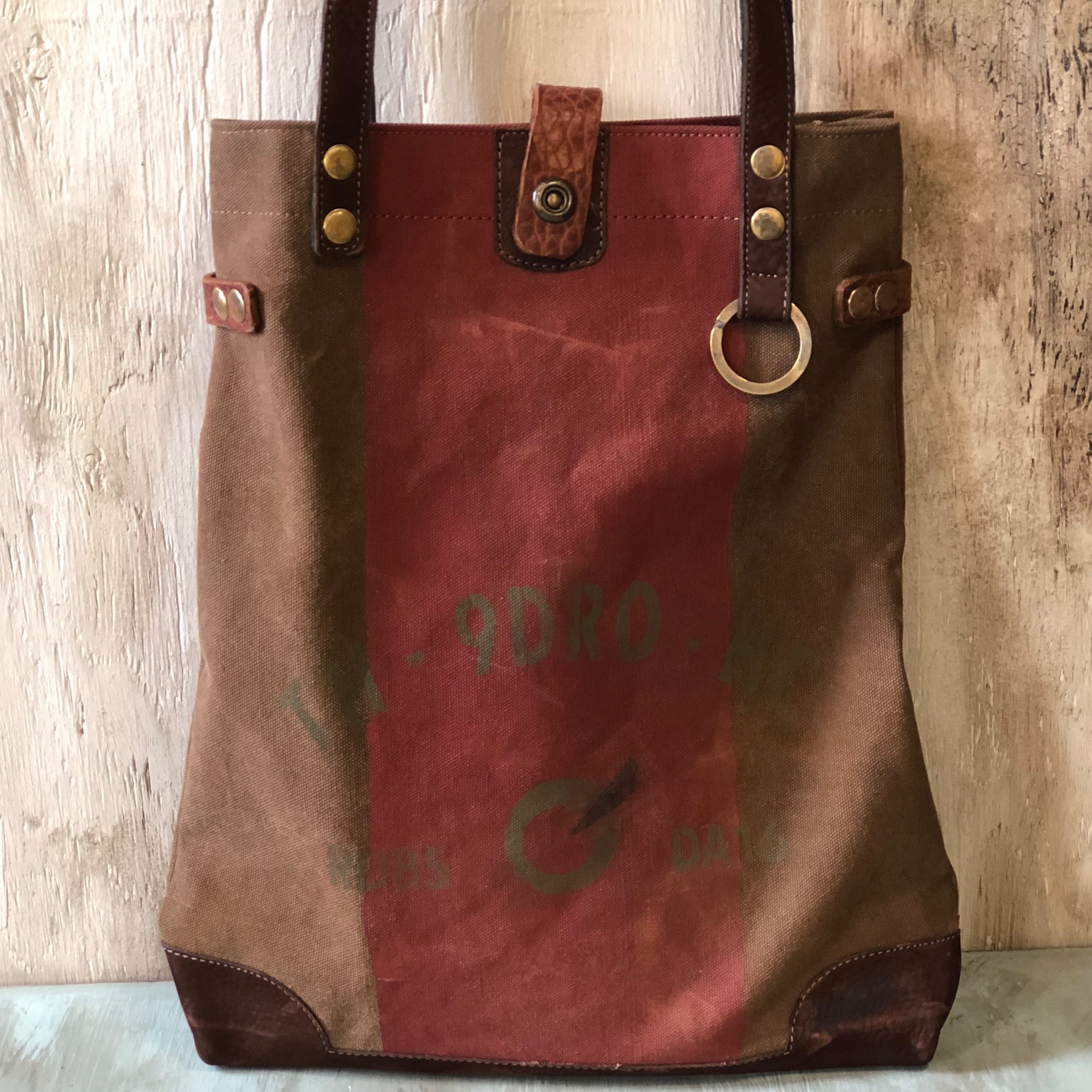 ハンドメイド ダメージ加工 8号帆布 レザー トートバッグ レッド
