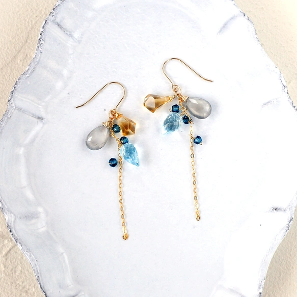 14kgf/ シトリンxブルートパーズxセイロンムーンストーンピアス