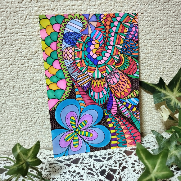 障害者アート 手描きイラスト 原画 イラスト ゼンタングル カラフル