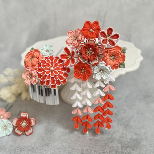 日本髪 七五三かんざし（7歳さん以上向け）オレンジ 橙 七五三 髪飾り