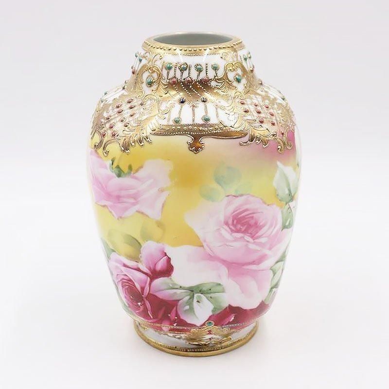 大正時代のオールドノリタケ手描き薔薇花瓶金彩アンティーク