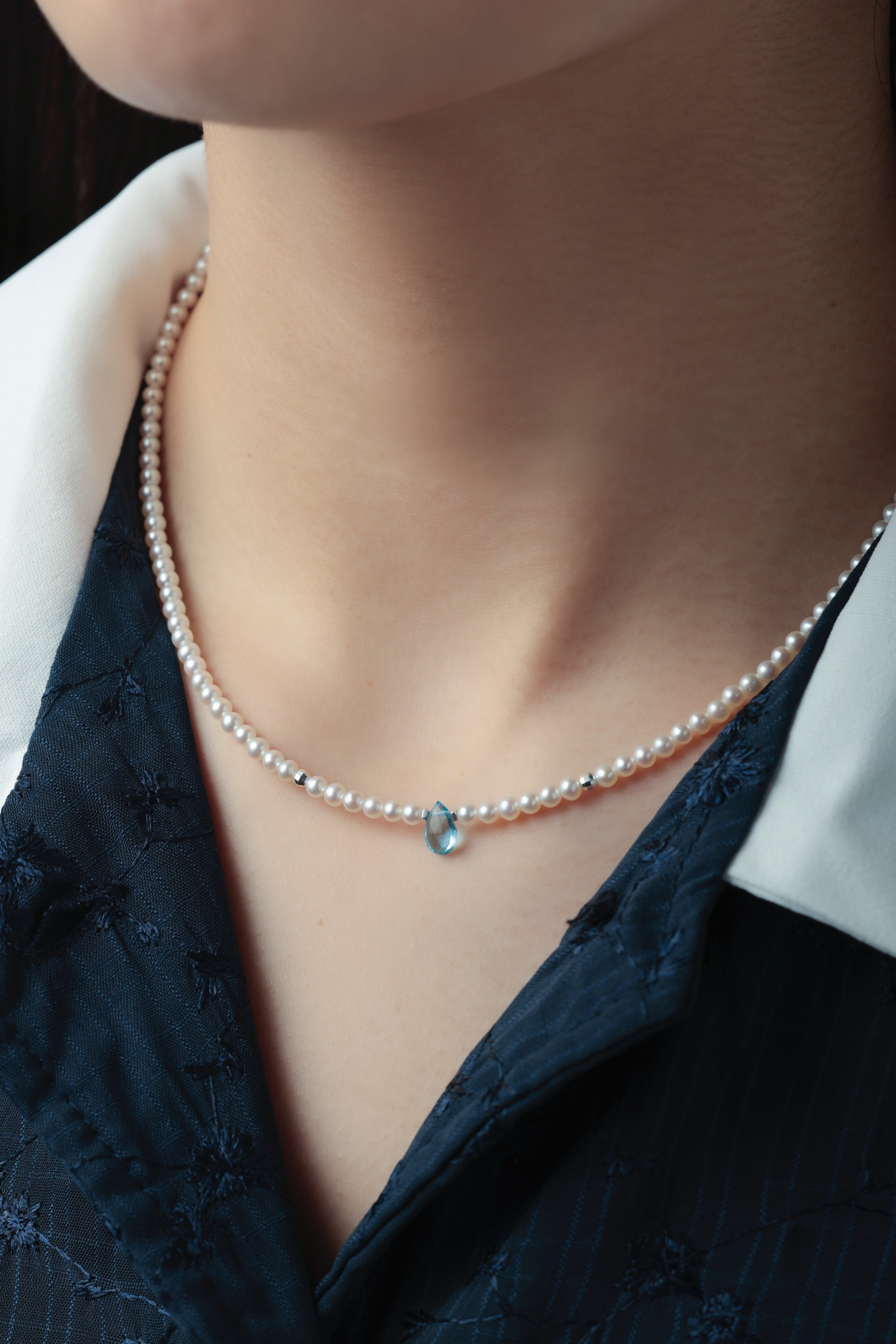 ブルートパーズ & 淡水パール ネックレス - 【清らかな一滴】小粒