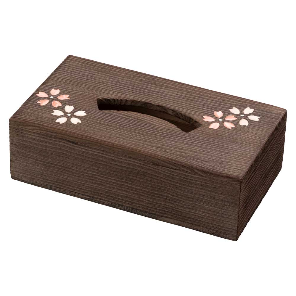 ボックスティッシュケース (009) 桜 木目込細工 桐製・時代仕上 箱長の