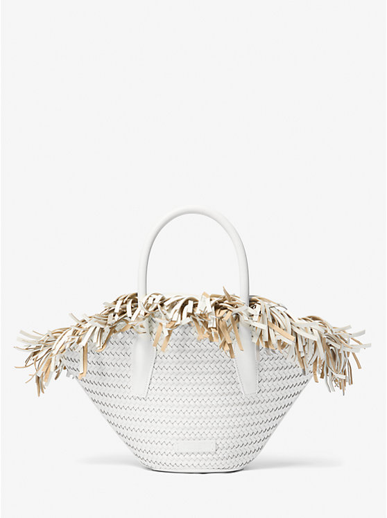 Sardinia Mini Hand-Woven Leather Basket Tote Bag in OPTIC WHITE