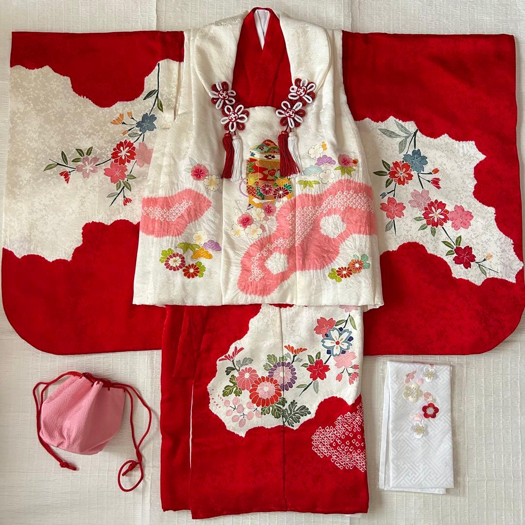 七五三 3歳 着物 753 絹 被布 ピンク 絞り 三歳 赤 刺繍 巾着 1AP4177000_1.webp