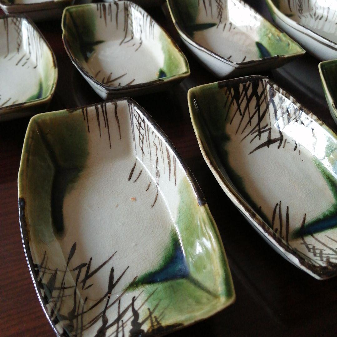 瀬戸焼　織部舟形長皿　10枚　15.4cm　大正～昭和初期