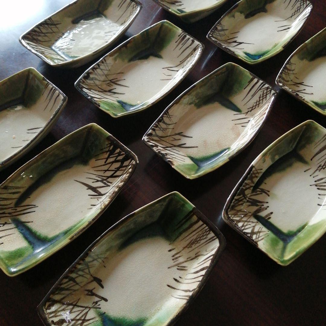 瀬戸焼　織部舟形長皿　10枚　15.4cm　大正～昭和初期