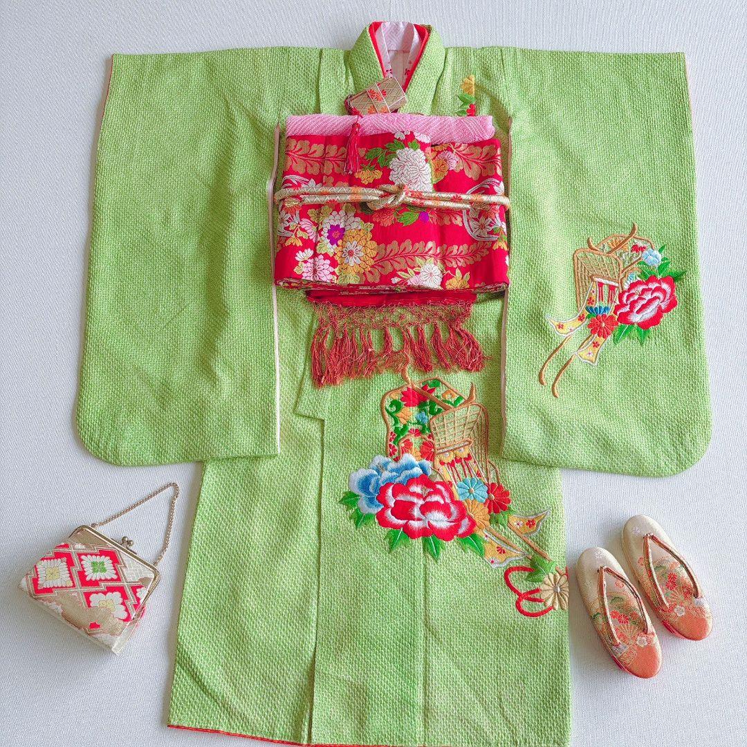 フルセット　七五三７歳女の子　総絞り　黄緑　豪華刺繍　赤丸帯　菊　小物7062 SOUBIEN（創美苑） 七五三 着物 7歳 正絹 着物セット 紅一点 緑