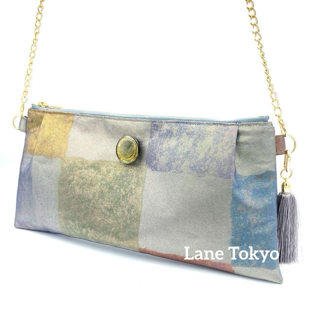 メタリックシルバー　正絹帯リメイクバッグ市松　横長ショルダー&クラッチ2ウェイ メタリックシルバー 正絹帯リメイクバッグ市松 横長ショルダー
